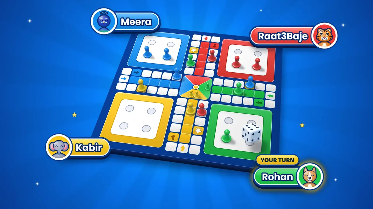 A Play Ludo match in progress: four players' pawns on the classic board, a die on the green yard, and a YOUR TURN tag over the green player's name.