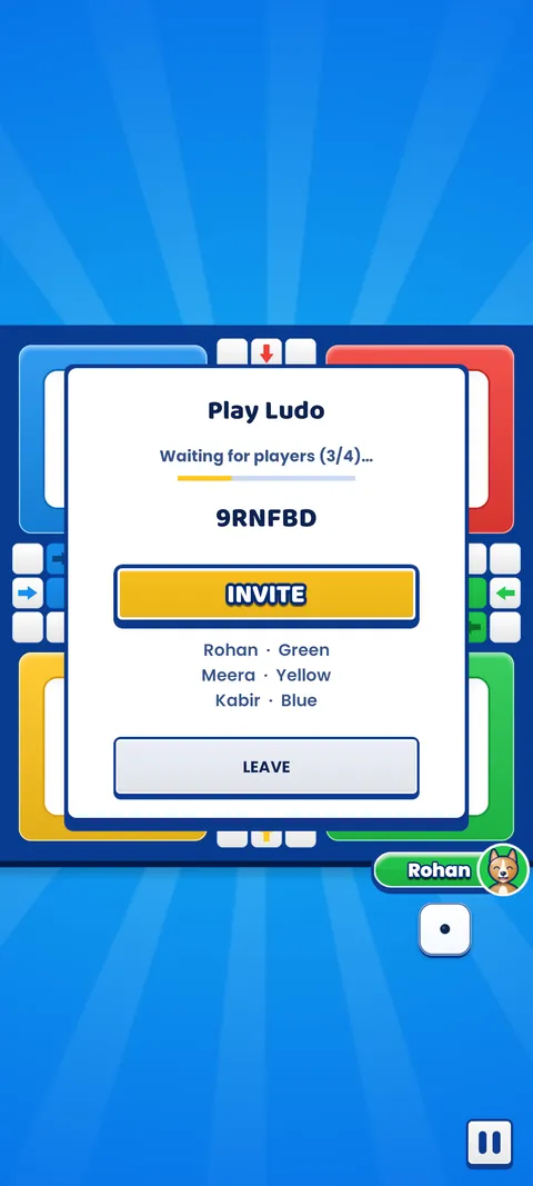 A Play Ludo private room: a card showing a room code, an INVITE button and three players who have joined.