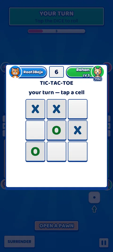 A Play Ludo duel: a tic-tac-toe grid with X and O marks, two player plates and a clock showing 6.